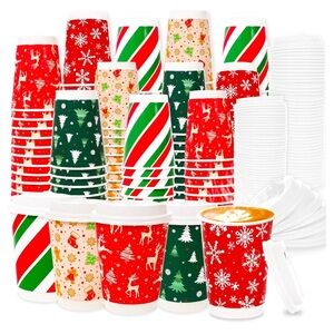 100 Pc Holiday Party Supplies Disposable Cups Snowflake Gingerbread Christmas